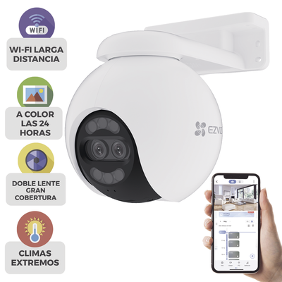Cámara PT / Wi-Fi / Lente Dual / Panorámica 360° / Resolución 4K / Visión Nocturna ColorFULL / IA Detección de Humanos y Vehiculos / Alarma con Sirena y Luz / IP65